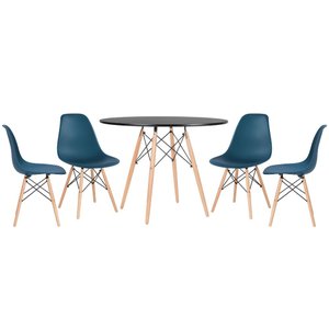 KIT - Mesa redonda Eames 100 cm preto + 4 cadeiras Eiffel DSW Azul petróleo