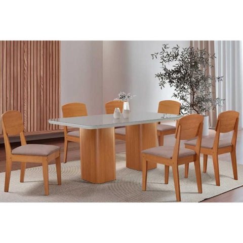 Conjunto: Mesa de Cozinha Maldivas C/ Tampo Madeirado C/ Vidro Canto Curvo 180x90cm e 6 Cadeiras