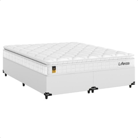 Cama Box Queen Couro Branco + Colchão Life D33 Pillow Top Branco 61x158x198cm - e-Shop Casa