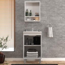 Gabinete de Banheiro Kit 03 Peças 45cm com Espelho e Lavatório Ref 453 Cewal - Branco/grafite - 3