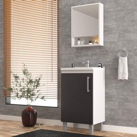 Gabinete de Banheiro Kit 03 Peças 45cm com Espelho e Lavatório Ref 453 Cewal - Branco/grafite