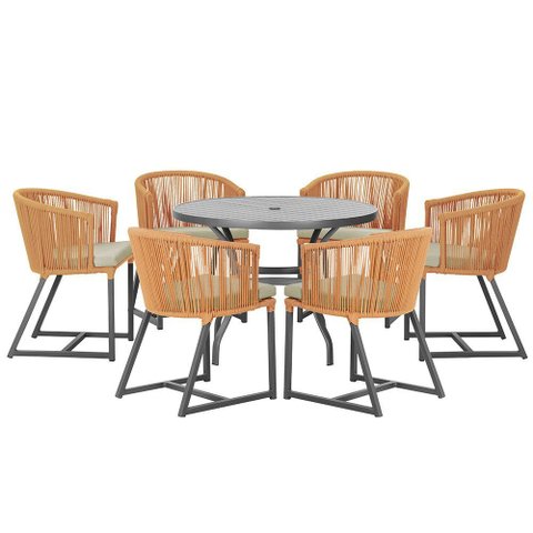 Mesa com 6 Cadeiras de Jantar Roma 120cm e Noronha em Alumínio Preto Corda Náutica Estofado 7 Trama