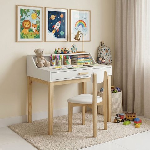 Escrivaninha Infantil MDF para Quarto com Cadeira Infantil Pé de Madeira Branco
