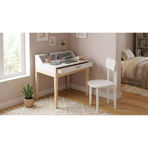 Escrivaninha Infantil MDF para Quarto com Cadeira Infantil Pé de Madeira Branco