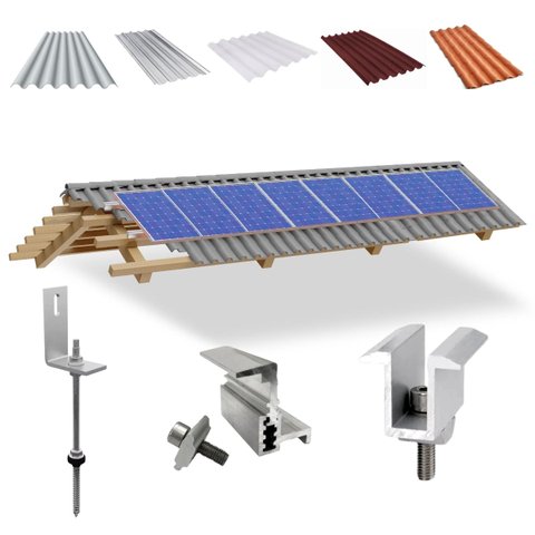 Kit Estrutura Suporte Fixador Linha C P/ 08 Placas Solar Alumínio Inox Telha Fibro Ondulada Viga Mad