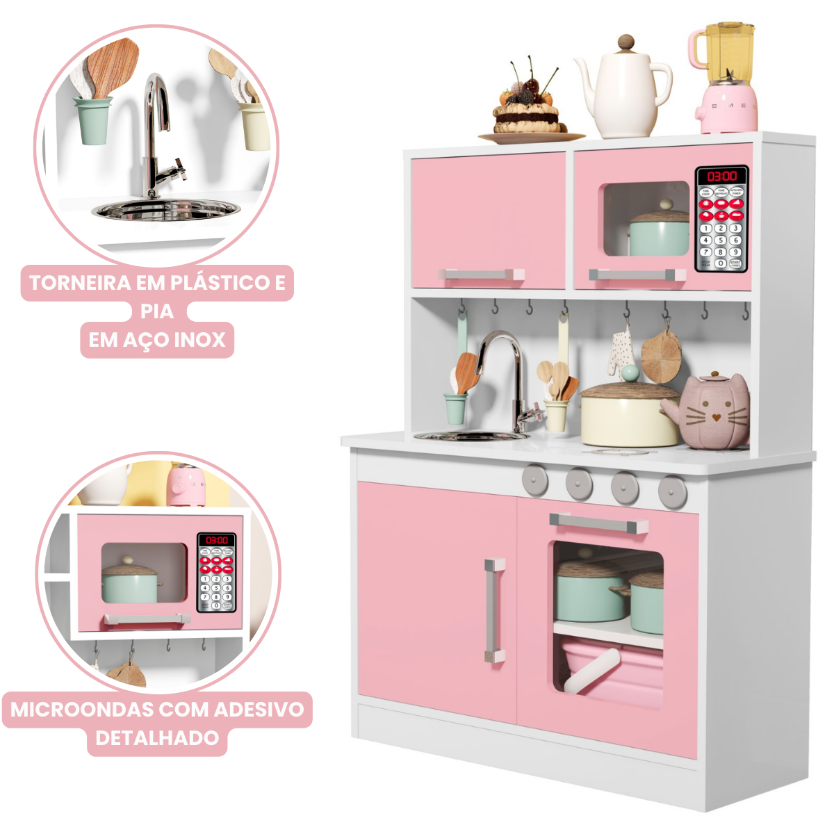 Cozinha Infantil 100% Mdf Valentina com Microondas Forno Pia e Torneira - Rosa - 3