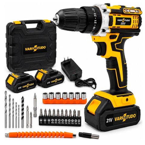 Furadeira e Parafusadeira de Impacto sem Fio 21V com LED, 2 Baterias Bivolt e 32 Acessórios e Maleta