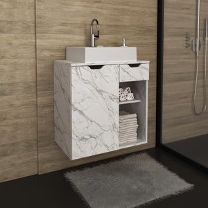 Balcão Gabinete Armário Suspenso 60 cm Sem Cuba 1 Porta 1 Gaveta Banheiro Cor Branco Mármore