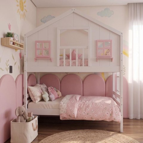 Beliche Infantil Casinha Dos Sonhos com Varanda Madeira Maciça Branco/ Rosa Megamobilia