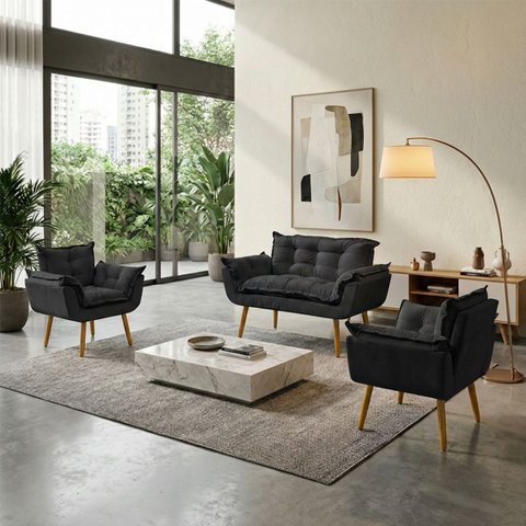 Kit Namoradeira Decorativa e 2 Poltronas Confortável para Sala Recepção Manicure Alice Suede