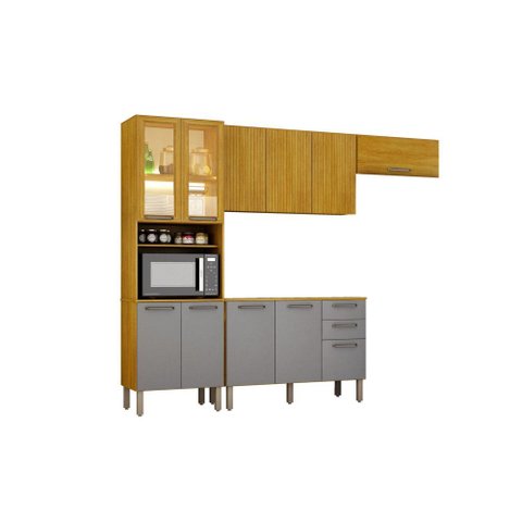 Cozinha Malta 4 Peças Cristaleira 266 cm com Vidro Reflecta e LED Cinamomo/Cinza