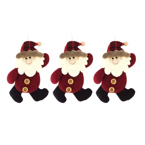Kit Enfeite para Árvore 3 Peças Papai Noel Pelúcia Vinho 16cm Gorro Xadrez - Master Christmas