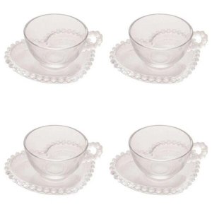 Conjunto de 4 Xícaras com Pires de Chá Wolff Pearl Coração de Cristal 180ml