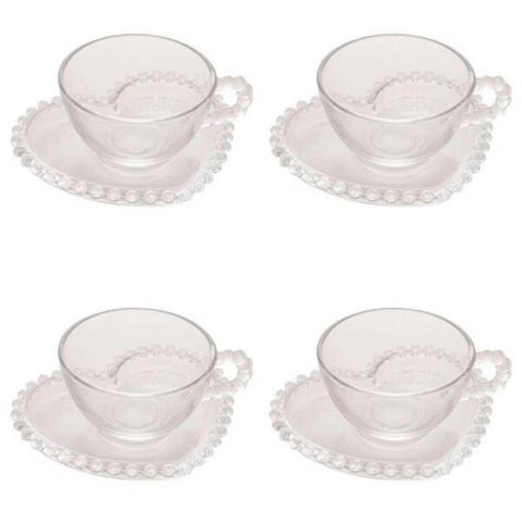 Conjunto de 4 Xícaras com Pires de Chá Wolff Pearl Coração de Cristal 180ml