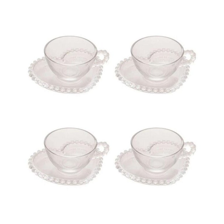 Conjunto de 4 Xícaras com Pires de Chá Wolff Pearl Coração de Cristal 180ml