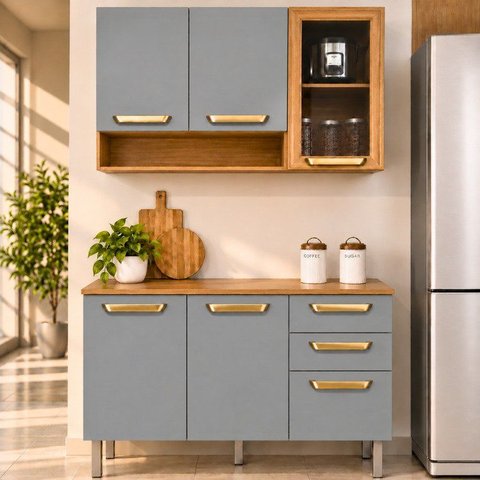 Kit Cozinha 6 Portas 2 Gavetas Nicho e Vidro Reflecta Adele Espresso Moveis Cinza/Cinamomo