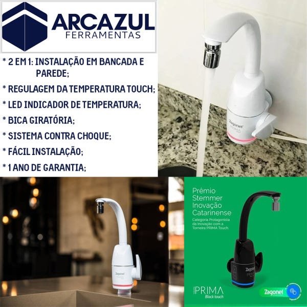Torneira Elétrica Touch Prima Bancada/Parede 127V Preta - 6