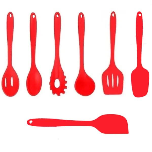 Jogo Colheres Utensílios Silicone Maciço 7 Peças Vermelho