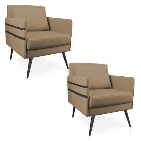 Kit 02 Poltronas Mari Suede Marrom Rato Pés Palito de Ferro Preto - D’Rossi
