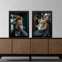 Ver imagem 1 de Kit 2 Quadros Decorativos Barbearia - Leão 33x24cm - com Vidro:moldura Preta