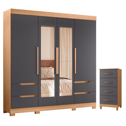 Guarda Roupa Solteiro Vivacce 04 Portas com Espelho e Cômoda Mobi Freijo Titanium - Móveis Albatroz
