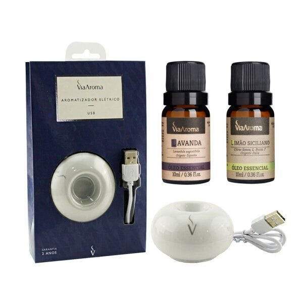 AROMATIZADOR PORCELANA USB COM ÓLEO ESSENCIAL DE LAVANDA E LIMÃO SICILIANO VIA Aroma