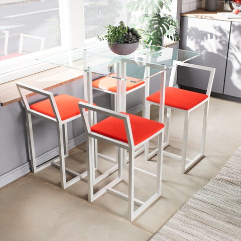 Conjunto Mesa Vidro 4 Cadeiras Pequena Estofado Industrial White