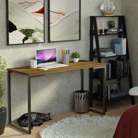 Conjunto Escritório Home Office com Mesa Industrial + Estante Escada Rustic/preto Madesa