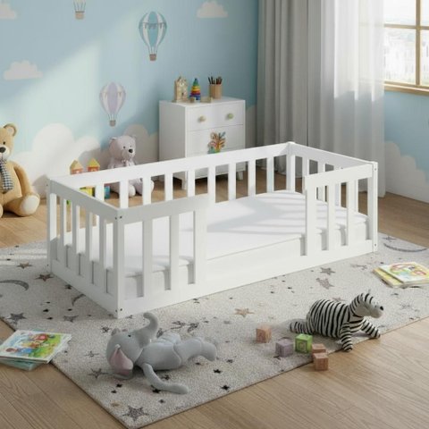 Cama Montessoriana de Madeira Infantil Solteiro com Colchão - Branco