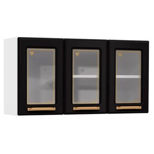 Armário Aéreo P/ Cozinha Diamante 3 Portas C/ Vidro 105cm Branco/preto - Telasul