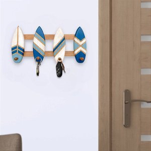 Porta Chaves e Cabideiro Prancha Azul Marinho 40 Cm Decoração de Praia em Madeira