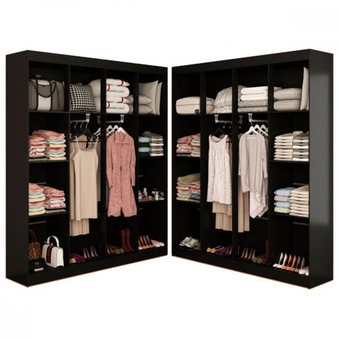 Closet Casal em L Ele e Ela 4 Metros 16 Prateleiras 4 Cabideiros Preto Fosco - Panorama Móveis