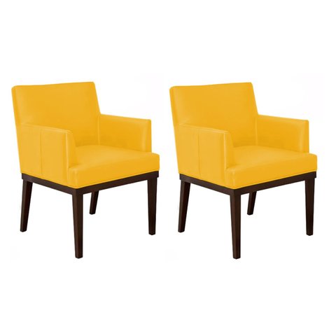 Kit 2 Poltronas Decorativa Vitória Couro Amarelo Pés Madeira Ms Decor