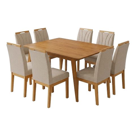 Conjunto Mesa Retangular 120x90 com 8 Cadeiras Blend Pés Madeira Maciça Sala Premium Moderna - Bege