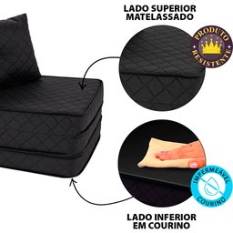 Puff Multiuso Bordado Matelassê com Travesseiro 3 em 1 Casal Preto Bf Colchões - 5
