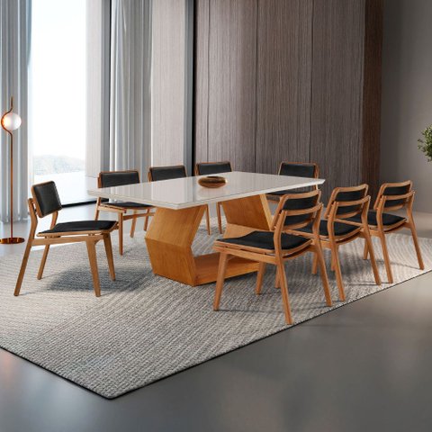 Sala de Jantar Mesa Ane 220cm Tampo Laqueado com Vidro Canto Moeda e 8 Cadeiras Eva