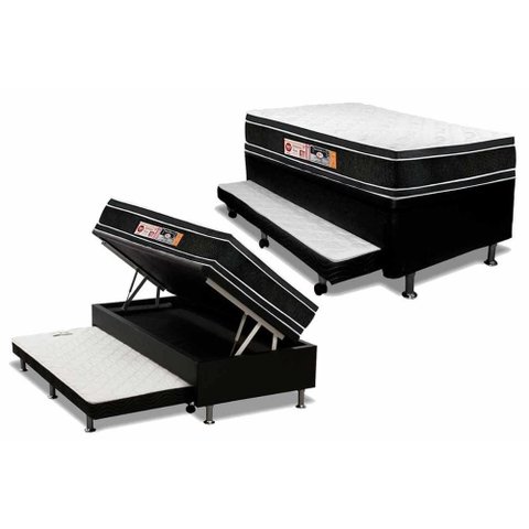 Cama Box Baú C/auxiliar Solteiro: Colchão Espuma Castor D33 Black e White Air + Base Black(88x188)