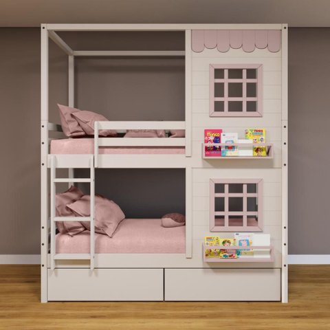 Beliche Casinha Reta com 02 Janelas e 02 Gavetas Madeira Maciça Branco/ Rosa Housin