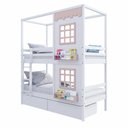 Ver imagem 2 de Beliche Casinha Reta com 02 Janelas e 02 Gavetas Madeira Maciça Branco/ Rosa Housin