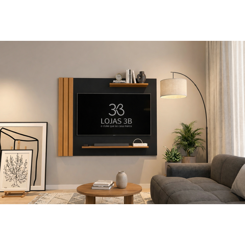 Painel para TV até 40 Polegadas Ripado com Prateleiras Preto Madeirado