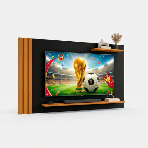 Painel para Tv Copa 2026 até 40 Polegadas Ripado com Prateleiras Quarto Sala Preto Madeirado