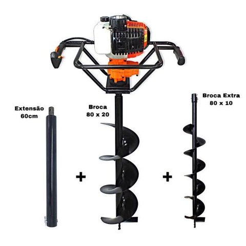 KIT Perfurador de Solo Vulcan VPS520 2T 52CC 2,5HP com Broca 80x20cm + Broca 80X10Cm + Extensão