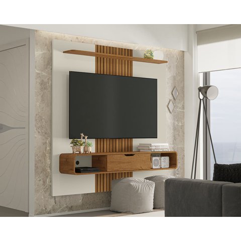 Painel de Tv até 65 Polegadas Lisboa Ripado 3d Sala - Offwhite/nature
