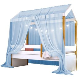 Cama Montessori Cabana Com Cordão Led Colchão E Dossel Azul - 1