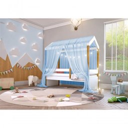 Cama Montessori Cabana Com Cordão Led Colchão E Dossel Azul - 2