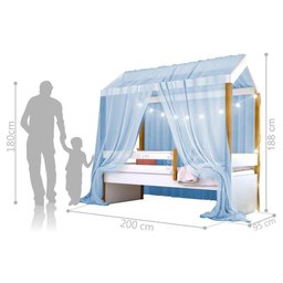 Cama Montessori Cabana Com Cordão Led Colchão E Dossel Azul - 3