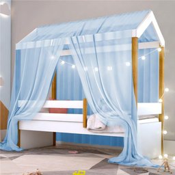 Cama Montessori Cabana Com Cordão Led Colchão E Dossel Azul - 4