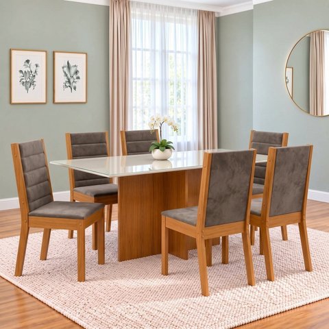 Conjunto Sala de Jantar Mesa Lana 160cm Tampo MDF Vidro Canto Reto 6 Cadeiras Evelin