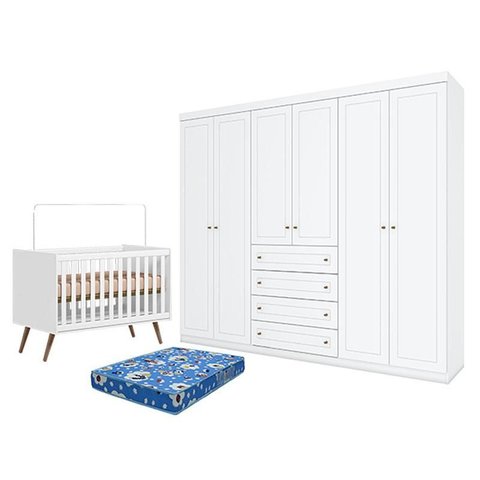 Berço Americano Q Encanto 3820 Retrô Branco Acetinado - Qmovi e Guarda Roupa Casal Americano 6 Porta