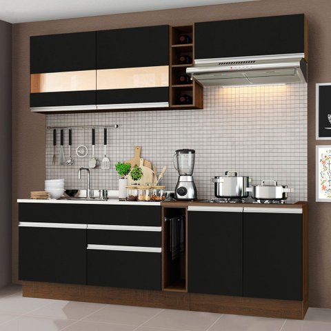 Cozinha Completa Madesa Parma com Armário e Balcão (Sem Tampo e Pia) Rustic/Preto Cor:Rustic/Preto